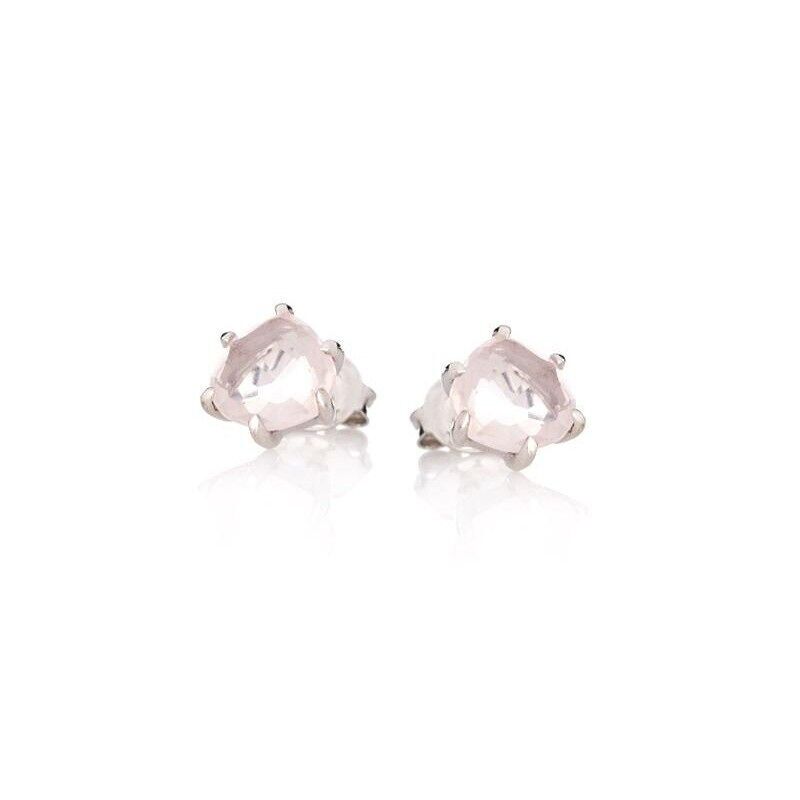Orecchini a bottone cuore con quarzo rosa naturale, in argento 925/1000 rodiato - CJF-BO024-QR