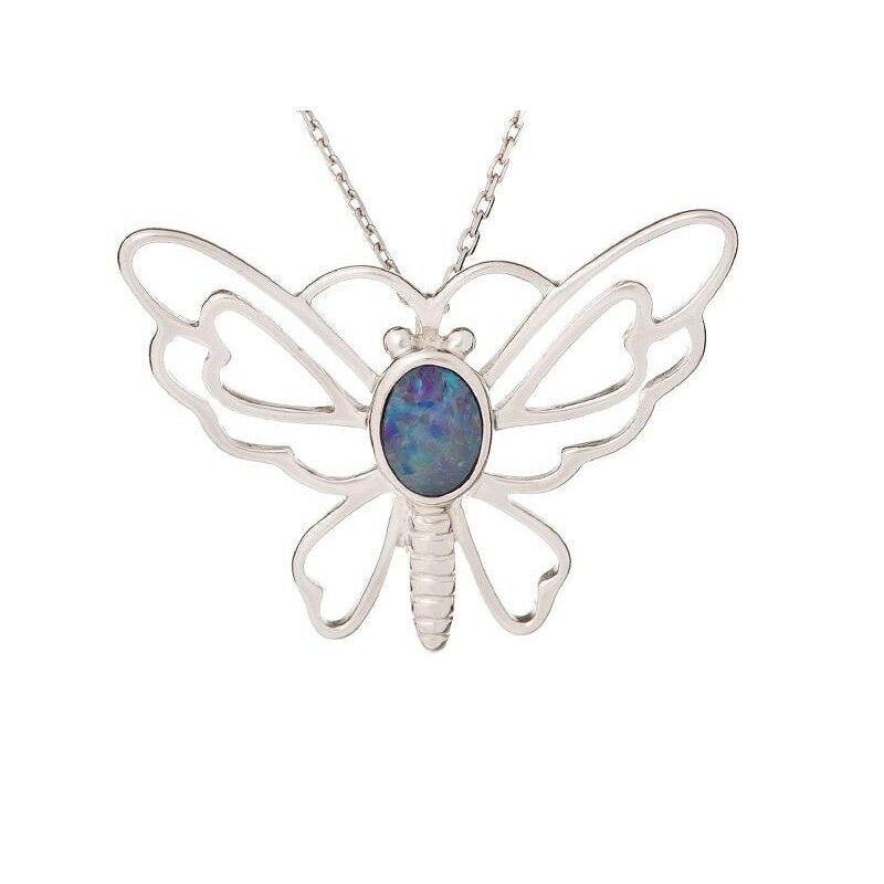 Ciondolo farfalla doppietto opale, ossido di zirconio, argento rodiato 925/1000, 2,5 cm - HF008P