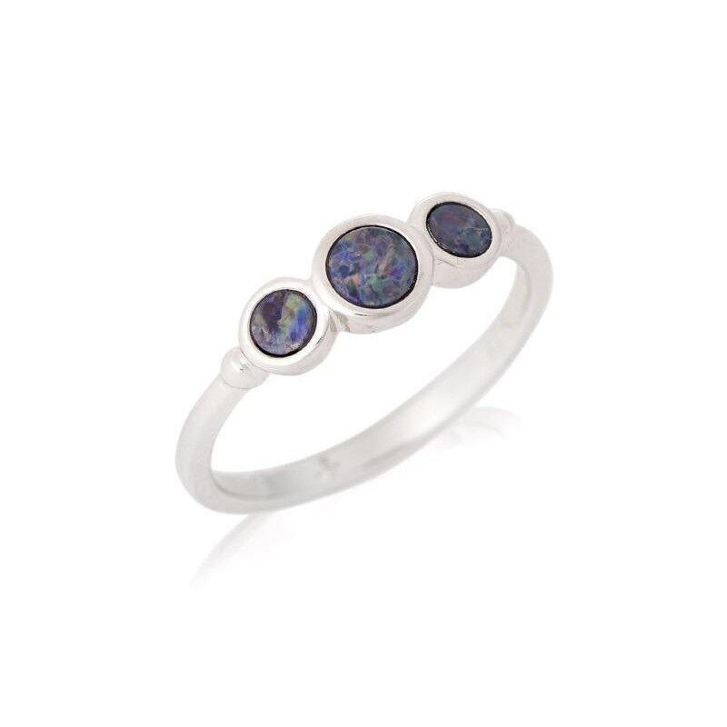 Ring with round Australian doublet blue opal, in 925/1000 rhodium silver - HF010R