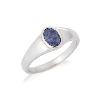 Ring with oval Australian doublet blue opal, in 925/1000 rhodium silver - HF012R