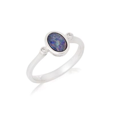Ring with oval doublet opal and zirconium oxide, in rhodium-plated silver 925/1000 - HF013R