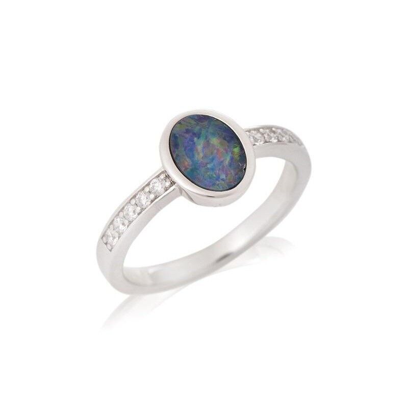 Ring with oval doublet opal and zirconium oxide, in rhodium-plated silver 925/1000 - HF014R