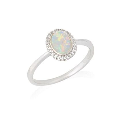 Bague avec opale ovale et oxyde de zirconium, en argent rhodié 925/1000 - PE069R