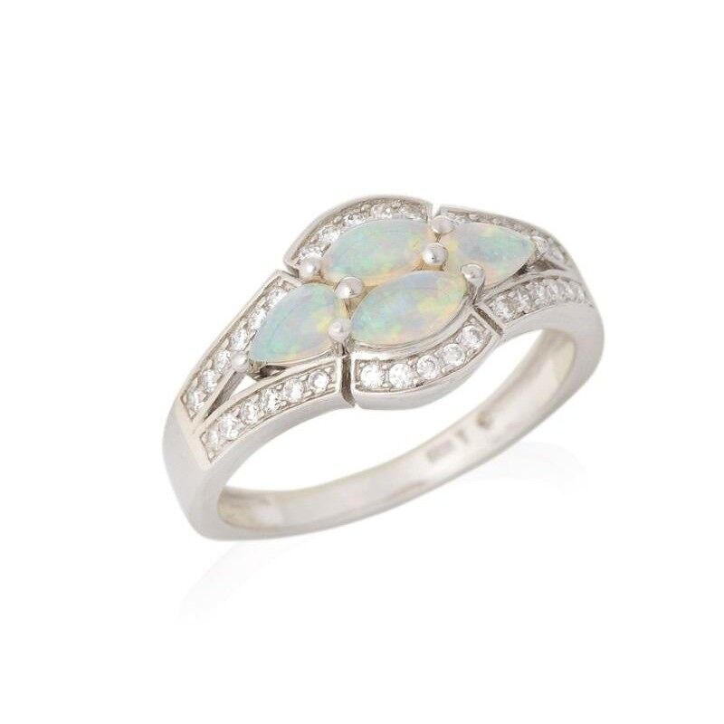 Ring with navette opal and zirconium oxide, in rhodium-plated silver 925/1000 - PE073R
