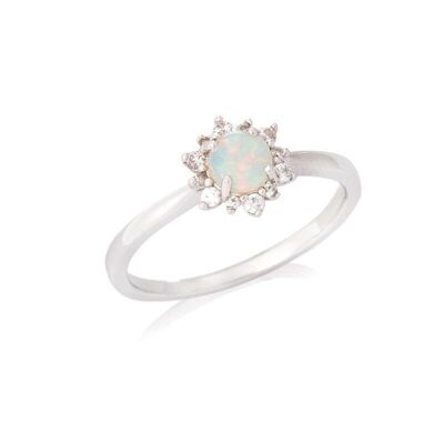 Bague avec opale ronde et oxyde de zirconium, en argent rhodié 925/1000 - PE064R