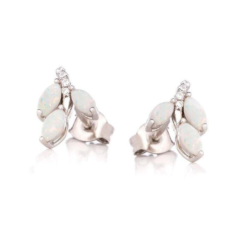 Orecchini a bottone con opale a navetta e ossido di zirconio, in argento rodiato 925/1000 - PE059E