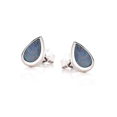 Stud earrings with blue opal doublet drop, in rhodium-plated silver 925/1000 - GC005E