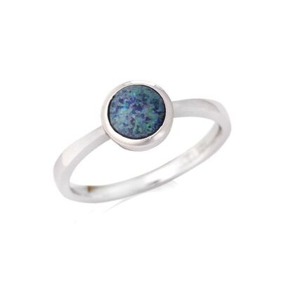 Ring with round Australian doublet blue opal, in 925/1000 rhodium silver - GC001R
