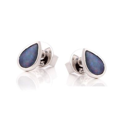 Stud earrings with blue opal doublet drop, in rhodium-plated silver 925/1000 - GC004E