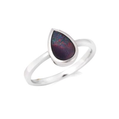 Ring with drop-shaped Australian blue opal doublet, in 925/1000 rhodium-plated silver - GC004R