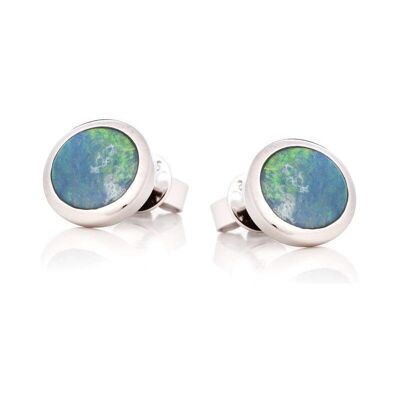 Orecchini a bottone con opale blu tondo doppietto, in argento rodiato 925/1000 - GC003E