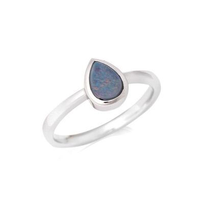 Ring with drop-shaped Australian blue opal doublet, in 925/1000 rhodium-plated silver - GC003R