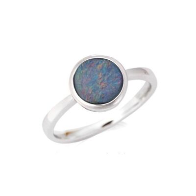 Ring with round Australian doublet blue opal, in 925/1000 rhodium silver - GC002R