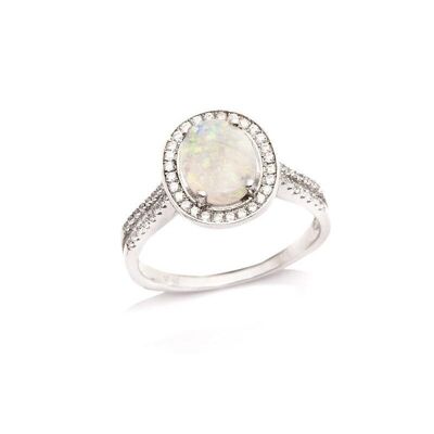 Bague avec opale ovale et oxyde de zirconium, en argent rhodié 925/1000 - PE0016R