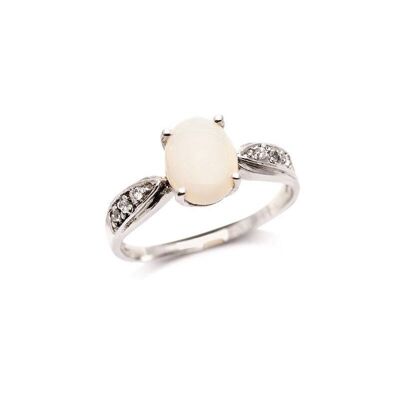 Bague avec opale ovale et oxyde de zirconium, en argent rhodié 925/1000 - PE0013R