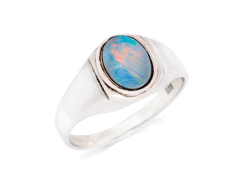 Siegelring mit ovalem natürlichem australischen weißen Opal, aus 925/1000 rhodiniertem Silber – PE0393R