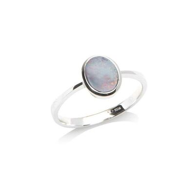 Ring with oval Australian doublet blue opal, in 925/1000 rhodium silver - 03697RO