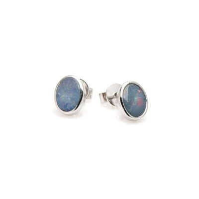 Pendientes con doblete de ópalo azul ovalado, en plata rodiada 925/1000 - 03698EO