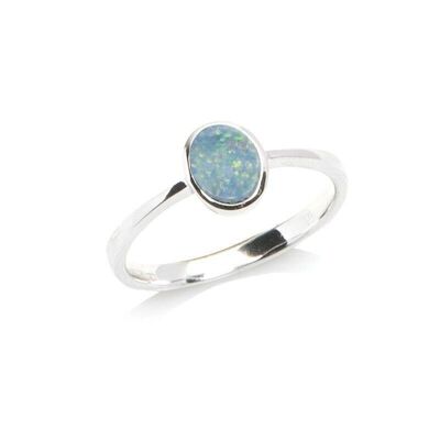 Anello con doppietto ovale australiano opale blu, in argento rodiato 925/1000 - 03698RO