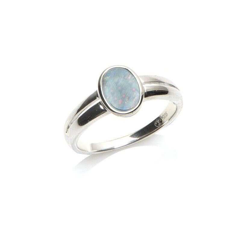 Ring with oval Australian doublet blue opal, in 925/1000 rhodium silver - CR107H