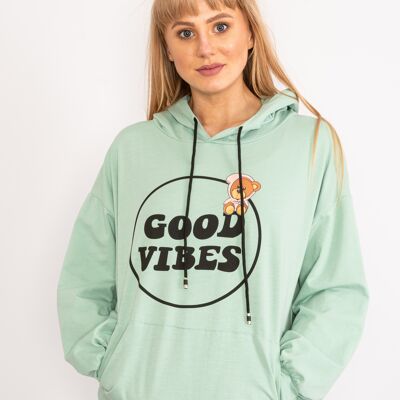 Minzfarbener „Good Vibes“-Hoodie mit Kordelzug