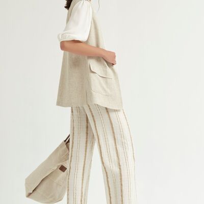 (8401-CAOTO) Elastic waistband ethnic stripe trousers with pockets