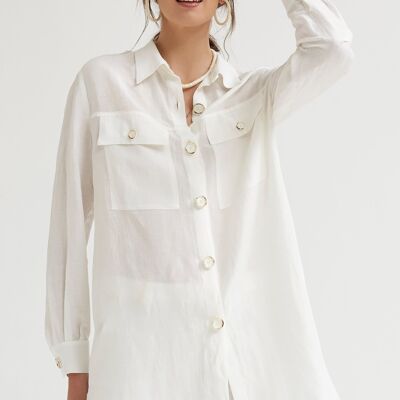 (8410-HANSOR) Chemise longue boutonnée en lin texturé