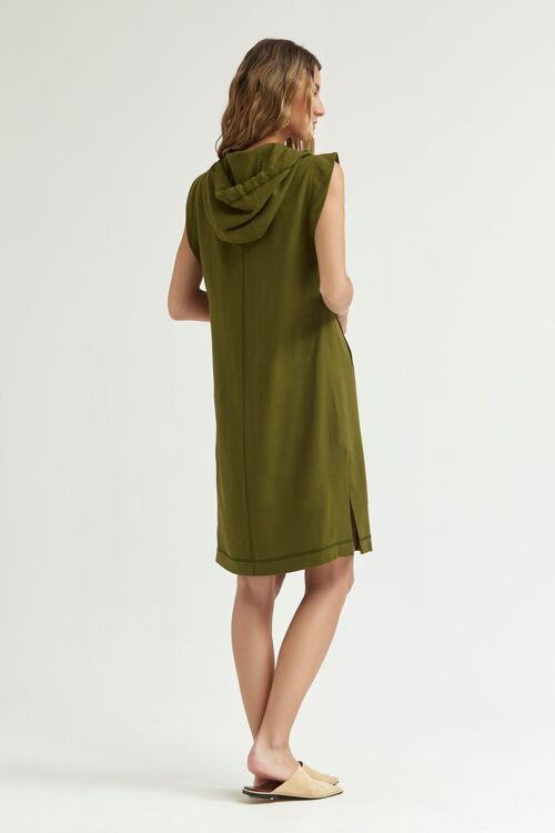 (8456-PILUR) Rustic light linen hooded dress