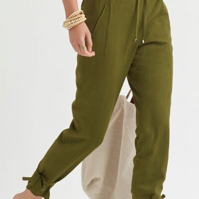 (8456-URMION) Pantaloni rustici in lino chiaro con fiocchi