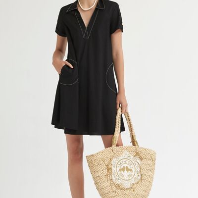 (8458-APLUS) Robe évasée en maille texturée negro/crudo