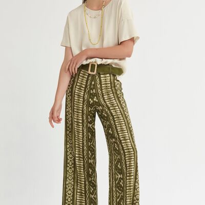 (8460-CARRIE) Bicolor ethnic wide-leg trousers with buckle