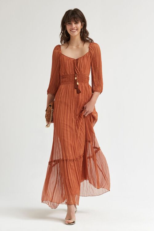 (9405-TIMER) Long chiffon ottoman dress with straight neckline