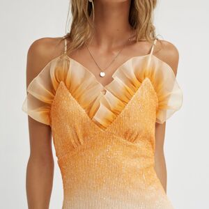 (9406-JEFFO) Robe stretch à sequins avec encolure à volants naranja