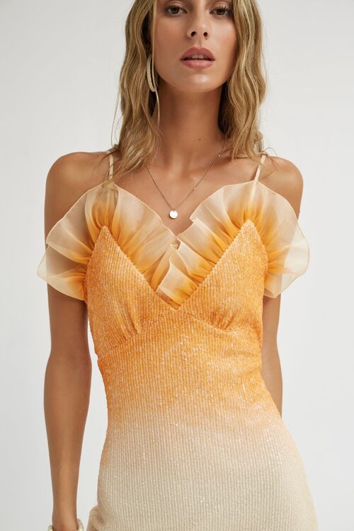 (9406-JEFFO) Stretch sequins dress with ruffle neckline amarillo