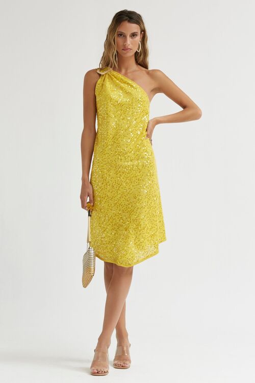 (9412-MIDTON6) Short knit sequin dress with asymmetrical hem