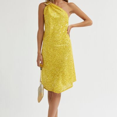 (9412-MIDTON6) Short knit sequin dress with asymmetrical hem