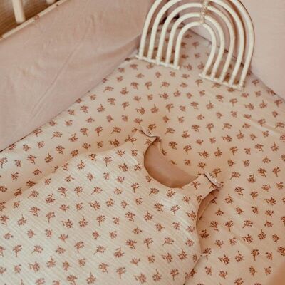 Drap housse écru fleuri rose 60x120 cm