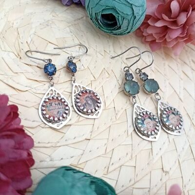 2 pairs of hippie chic style earrings in silver stainless steel and illustration