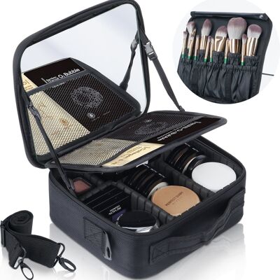 Estuche de maquillaje Lifest® con espejo extra grande - Organizador, estuche de belleza y bolsa de almacenamiento - Negro