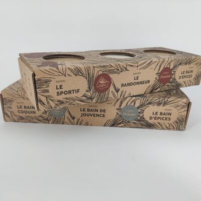 Evasion-Box mit 3 Lîdjeu x Pupa-Seifen (natürliche Bio-Seifen für Sportler + Wanderer + Gewürzbad)