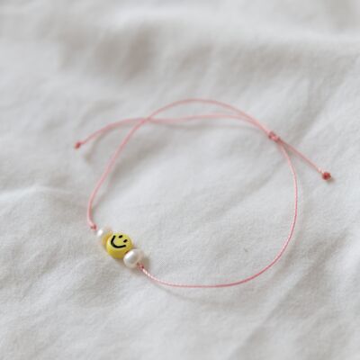 Smiley Armband mit Süßwasser Perlen Rosa Stoffarmband