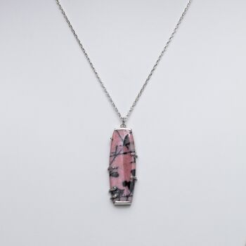 Collier pendentif pierre gemme rhodonite rose et noire 2