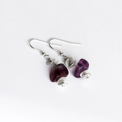 Purple Fluorite & Frosted Sterling Silver Drop Dangle Earrings