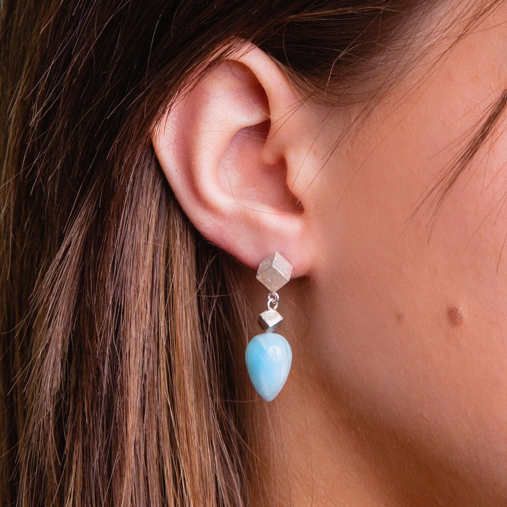 Larimar and good turquoise gemstone gold dangle earrings