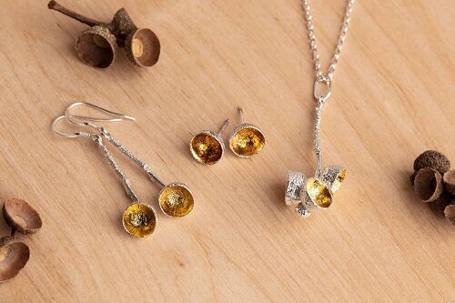 Handmade Sterling Silver Acorn Cup Drop Dangle Earrings with gold