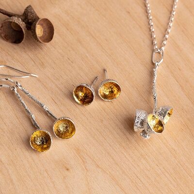 Handmade Sterling Silver Acorn Cup Drop Dangle Earrings with gold
