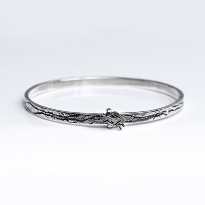 Sterling Silver Textured Bangle with Moving Running Hare