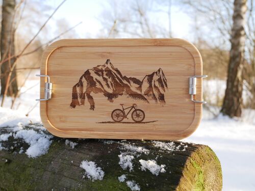 Lunchbox groß aus Edelstahl & Bambus Berge und Rad