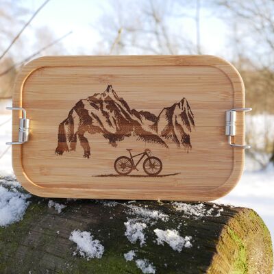 Lunchbox large made of stainless steel & bamboo mountains and wheel