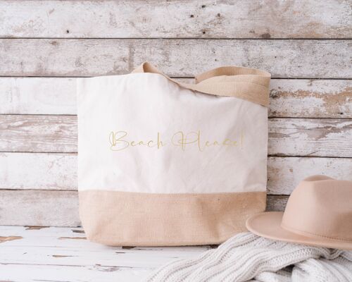 Beach Please 100% Cotton Canvas Jute Base Beach Bag Shopper